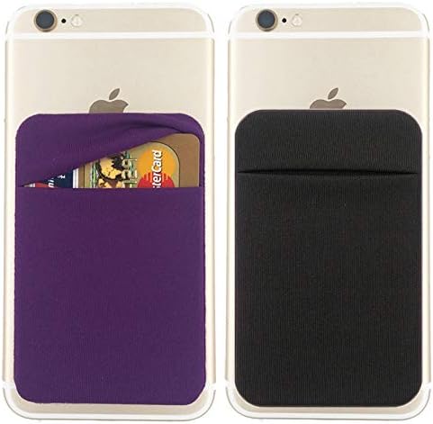 2Pack Cell Phone Card Holder[Double Secure with Pocket for ID/Credit Cards] for Back of Phone,Stick On Card Wallet Sticker Stretchy Lycra Fabric for iPhone,Android and All Smartphones-Purple,Black