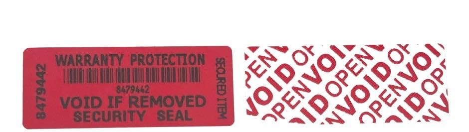 Tamper Evident Security Labels Stickers X 100 red with Void Wording to Rear, Unique Serial Numbers and scannable SKU Code. Warranty Protection. 50mm x 20mm.