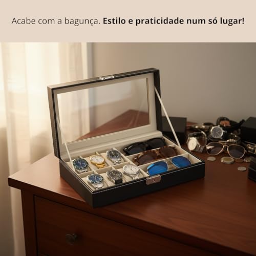 Estojo 9 compartimentos relógios e óculos couro ecológico | Forro aveludado e visor transparente protegem peças delicadas; ideal para penteadeiras, closets e viagens curtas