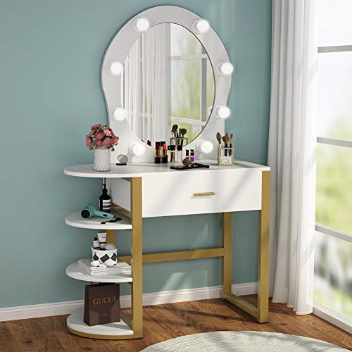 Tribesigns Vanity Table With Lighted Mirror Makeup Vanity Dressing Table With 8 Lights And Drawer Storage Shelves For Women And Girl Dresser Desk Vanity Set For Small Space Bedroom Gold And White Amazon In