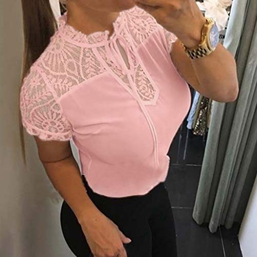 TIFENNY Casual Shirts for Women Summer Short Sleeve Sexy Sheer Mesh Lace Patchwork Bow Neck Blouse Tops Tee Pink