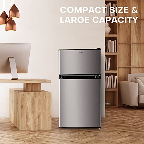 Upstreman 3.2 Cu.Ft Mini Fridge with Freezer, Stainless Steel 2 door