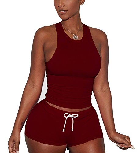 Womens Activewear Sports Sleeveless Tank Top+Shorts 2 Piece Outfits Set Tracksuits Wine Red