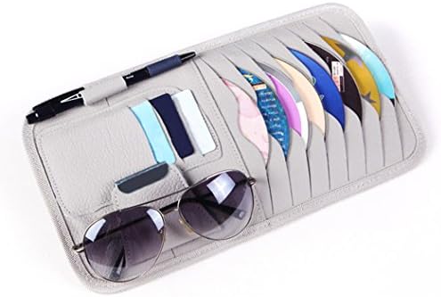 Junadael 8-Pocket Car CD Visor Organizer Storage Case Holder with Sunglasses Holder Pen Holder Credit Card Slots - Grey