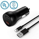 Car Charger,Quick Charge 3.0 Dual USB Ports 30 W UL Certified Fast Car Charger Adapter with iOS Cable Compatible with iPhone Xs Max/XS/XR/X/8/8 Plus/7/7 Plus/6/6 Plus/5S and More