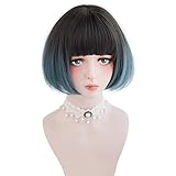 Bob Wig Ombre Blue Bangs - Natural Short Bob Ombre Blue Wigs For Women Cosplay, Party and Daily, Synthetic Hair Lolita Wig Perfect For Dressing Up