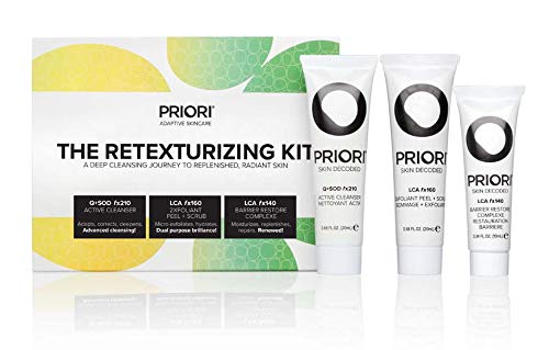 Priori Retexturizing Kit | 3-Piece Travel Size Skincare Set – Pore Refining Face Wash, Oil-Free Antioxidant Moisturizer, Exfoliating Scrub for Face & Body – Beauty Gift Sets for Women and Men