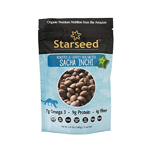 Starseed Sacha Inchi Seeds - Organic Protein Snack With Omega 3 and Fiber - Vegan Gluten Free Paleo and Keto Snacks - 4.9oz Bag, 5 Servings - Roasted Sea Salt