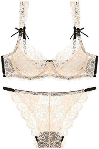 Gnao Women Sexy See-Through Lace Embroidery Bra and Panty Set