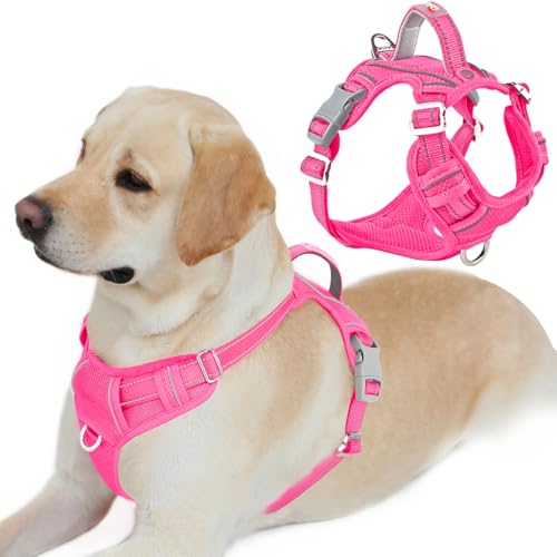 BARKBAY No Pull Dog Harness Front Clip Heavy Duty Reflective Easy Control Handle for Large Dog Walking with ID tag Pocket(Pink,L)
