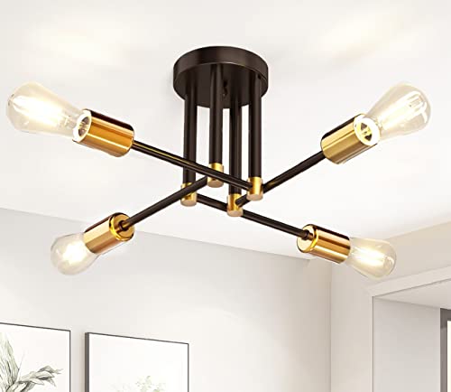 Kuwork Semi Flush Mount Ceiling Light Fixture, Black & Gold Industrial 4 Lights Sputnik Chandelier with E26 Base, Mid Century Lamps for Kitchen Bedroom Living Room Dining Room Hallway Entryway