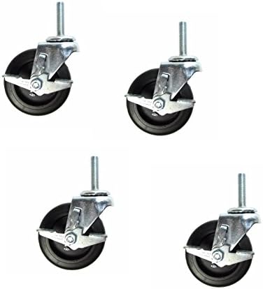Set of 4)Clearance Swivel Stem Caster with 3" Hard Wheel with Brake 440# Total Capacity &amp; 3/8" Threaded Stem (Overall Wheel Size 3" x 7/8")