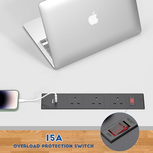 LBOYLOVE® Recessed Power Socket, Desk Recessed Plug Socket with 3 UK Plugs, 2 USB Ports, 2M/6.56FT Cable, Hidden Furniture Socket with Overload Switch for End Table, Sofa, Cabinet