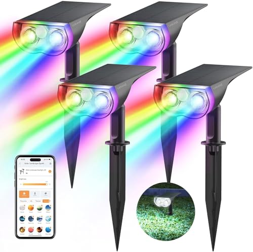 Linkind Smart SL5 Solar Outdoor Spotlight with Motion Sensor, 16 Million Colours, Group Control, Music Sync, Red Light Alarm, IP65 Garden Lamp, Christmas, Halloween, 4 PCS