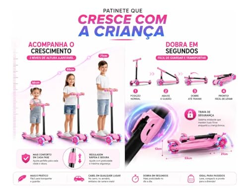 Patinete Infantil 3 Rodas Com LED Colorido, Dobrável Com Altura Ajustável Suporta até 40 kg Para Menino e Menina - CIRCUS