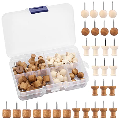 60 Pcs Wood Push Pins, 2 Colors and 5 Types Decorative Thumb Tacks