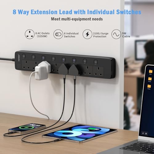 TOPREK 8 Way Extension Lead with Individual Switches, 2100 Surge Protected Extension Lead with Indicator Lights, Desk/Wall Mounted Power Strip for Office/Home/Computer Room/Garage(5M)