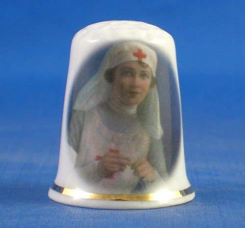 Porcelain China Collectable Thimble - Red Cross Nurse Knitting - Free Gift Box