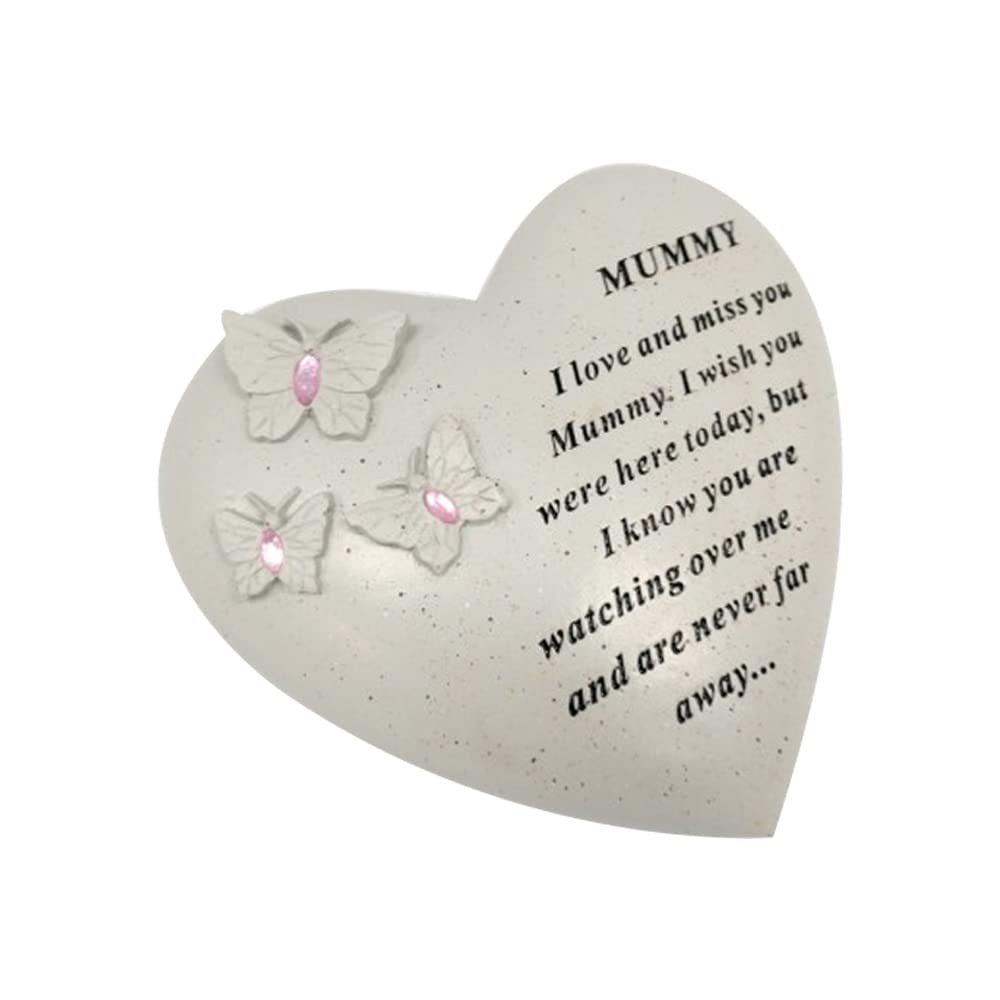 Personalised Grave Ornament/Memorial Plaque with Heart With 3 butterflies & Blue Gems | Graveside Decoration Gift in the Loving Memory of your Loving Deceased Ones (My Mummy)