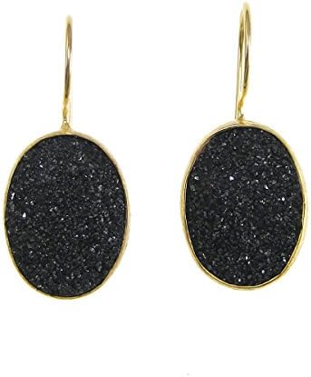 Black Druzy Oval Gold Earrings - Tear Drop Pear Shaped Gemstone Drop Earrings