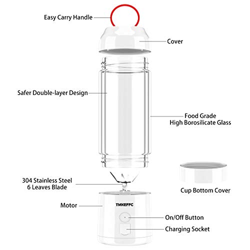 Portable Juicer Cup USB Battery Operated Blender - Six Blades in 3D, 16 oz, 4000mAh Rechargeable Battery Power Bank, 480ml Fruit Mixing Machine with Ice Tray FDA BPA Free (White) - Thumbnail 3