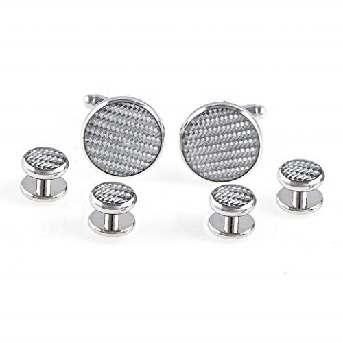 MRCUFFCarbon Fiber Grey Gray Silver Cufflinks and Studs Tuxedo Set in a Presentation Gift Box & Polishing Cloth