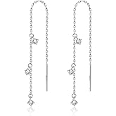 IvoryHaid Sterling Silver CZ Star Dangle Earrings – Long Threader Tassel Earrings for Women & Teens