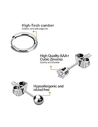 Juego de 8 pares de pendientes de aro, de acero inoxidable, sin níquel, redondos, con circonitas cúbicas, pequeños pendientes hipoalergénicos, piercings de cartílago de labios, para regalos de moda para hombres y mujeres