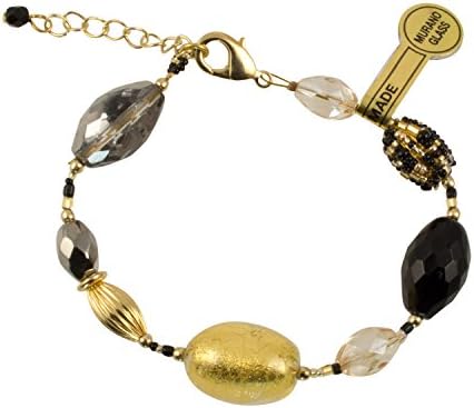 Murano di Susanne "Olivia" 22k Gold Plated Murano Black Gold Foil Glass Bead Link Bracelet, 7.5+1.5"