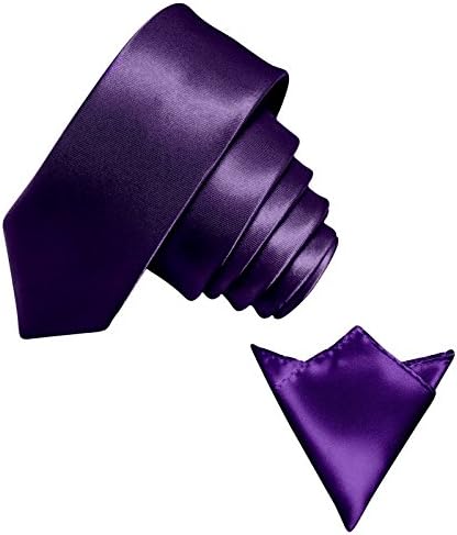 GASSANI Eggplant Purple Skinny Slim 2" Shiny Satin Mens Tie &amp; Hanky Set