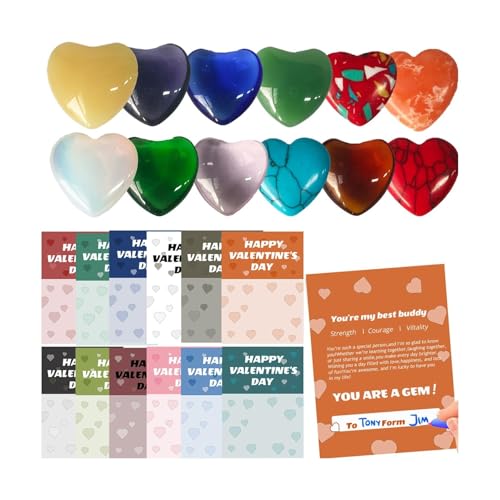 Valentines Cards With Heart, 24 Pieces Valentine'S Day Cards With Heart Shaped Crystals, Healing Crystals Heart Stones, Love Heart Gemstones For Lover, Valentine'S Day, Valentines Day Gift Ideas (A)