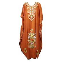Mogul Interior Womens Caftan Maxi Dress Brown Embroidered Designer Kaftan One Size