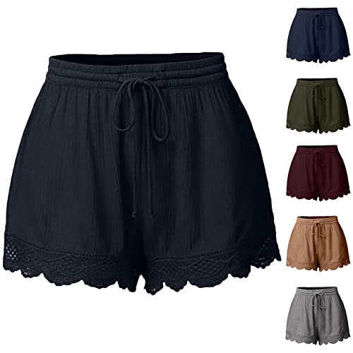 SMLNKOFN Womens Shorts for Summer,Casual Drawstring Elastic Waist Beach Shorts Fashion Solid Lace Hem Comfy Pants Plus Size
