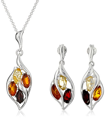 Sterling Silver Multi-Color Amber Dangle Earrings and Chain Pendant Necklace Jewelry Set, 18
