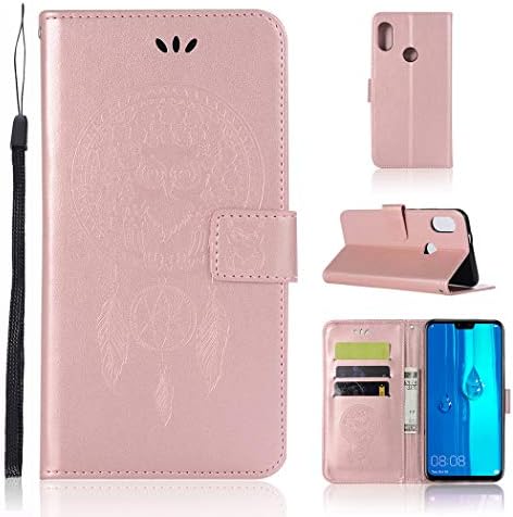 Domxteck PU phone case with multi-function ID credit card slot clip wallet flip cover for Huawei Y9 2019-rose gold
