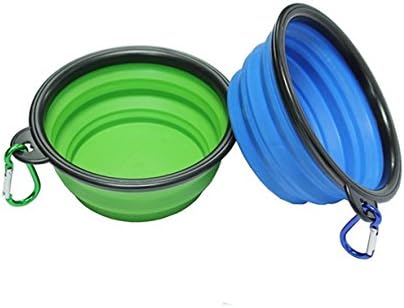 Pets Travel Bowl 2 Pieces Portable Foldable Collapsible Silicone Feeding Dishes for Dog Cat (Blue and Green)