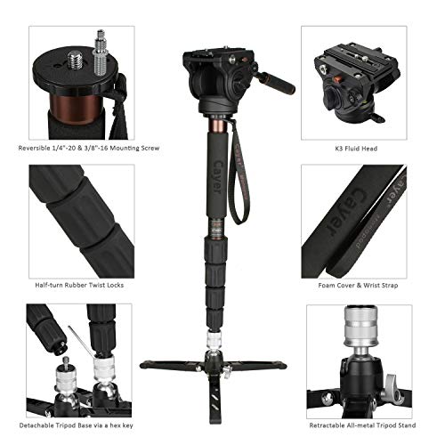 Video Monopod with Feet,Cayer AT35DV+ 68 inch Aluminum Monopod Leg and K3 Pan Tilt Fluid Head with SV4 Tripod Stand for DSLR and Video Cameras Camcorders, Plus 1 Bonus Quick Release Plate [Upgraded]