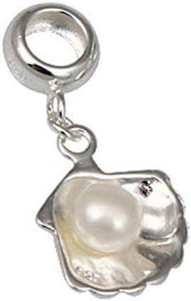 Choruslove Sea Shell Dangle Charm with Natural Freshwater Pearl 925 Sterling Silver Bead for European Style Bracelet Jewelry