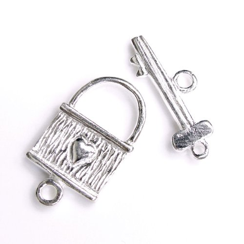 1 Set .925 Sterling Silver Sweet Heart Lock Key Toggle Clasp/Findings/Bright