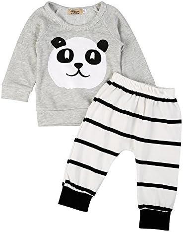 Goldboom Baby Boys 2pcs Cotton Outfit Panda Print Tops Striped Pant Clothes (0-3M)