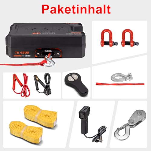 RUGCEL WINCH Electric Winch 2041kg (4500lbs), 12V DC, IP67 Waterproof, Synthetic Rope, Steel Mounting Plate, Hawse Guide Pulley, Wireless Remote Control, Black, SUV Truck Off-Road