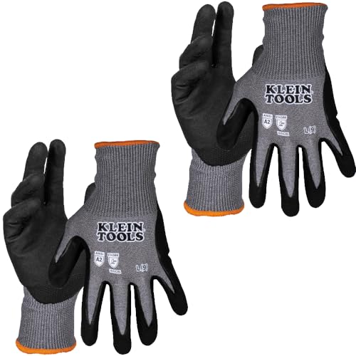 Klein Tools 60585 Work Gloves, Knit Dipped Cut Resistant ANSI A2 Nitrile Coated Gloves, HPPE Fabric, Touchscreen Capable, Large, 2-Pair