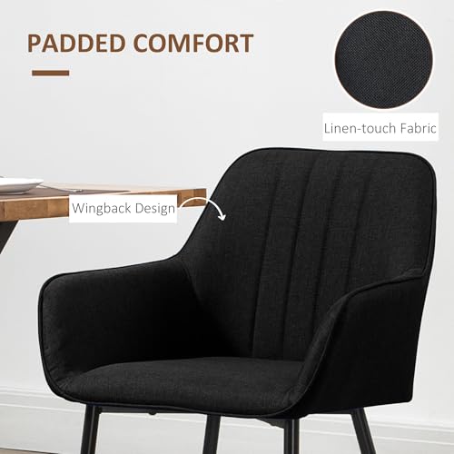 HOMCOM Dining Chairs Set of 2, Upholstered Kitchen Chairs, Linen Fabric Accent Arm Chairs with Metal Legs, Black