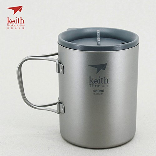 Keith Titanium Double-Wall Mug with Folding Handle and Lid - 15.2 fl oz