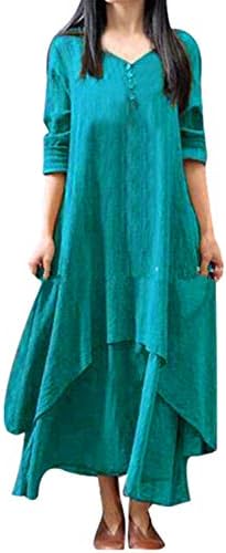 Nadition Women's Dress Casual Loose Long Sleeve Cotton Linen Boho Long Dress Chic Irregular Dress