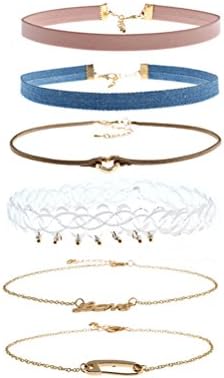 Girls 6 Pieces Love Heart Choker Set - Alloy PU Leather Collar Punk Goth Chains Necklace