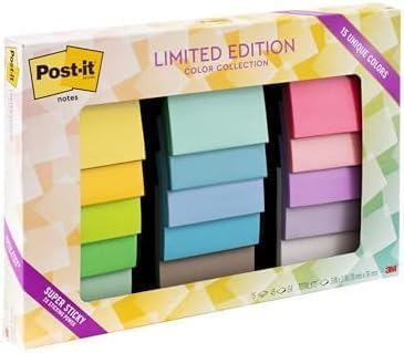 Post-it Super Sticky Notes, Limited Edition Color Collection, 3x3 in, 15 Pads, 45 Sheets/Pad (Pack of 12) Image