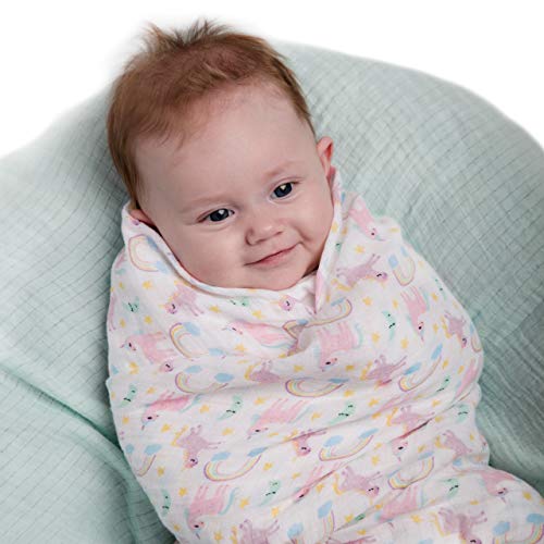 Baby Muslin Swaddle Blankets with Matching Dribble Bibs | Premium Cotton Swaddle Blanket | Set of 4 | Large 47 x 47 inches | Cute Unicorn/Rainbow Designs by Little Tinkers World
