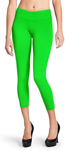 Solid Soft Seamless Stretchy Women's Capri Leggings Pants with Wide Waistband (Neon Green)