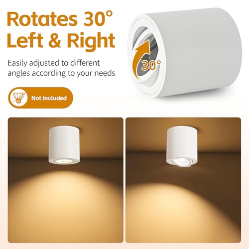 YindaLux Pack of 6 Surface-Mounted Spotlights, White, 30° Swivelling Surface-Mounted Spotlight with GU10 Socket, Diameter 80 x 84 mm, Aluminium Surface-Mounted Ceiling Spotlights, 230 V Surface Mounted Light for Bedroom, Office, Hotel, Round (without GU10 Lamp)